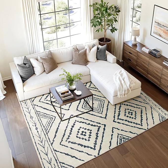 Area Rug 3x5 Rug Machine Washable Non-Slip Low Pile Print Pattern Western Rug for Living Room Bedroom Entryway Tribal Series -Navywhite/Black
