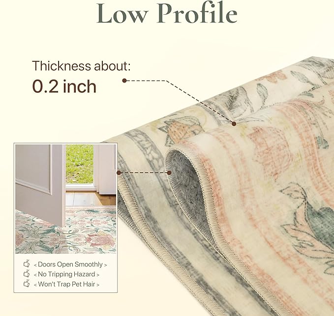 Bavni 5x7 Area Rugs for Living Room, Microfiber Machine Washable Non-Slip Vintage Floral Rug, Low Pile Lightweight Carpet for Bedroom, Dining Room, Home Office, Beige&Pink