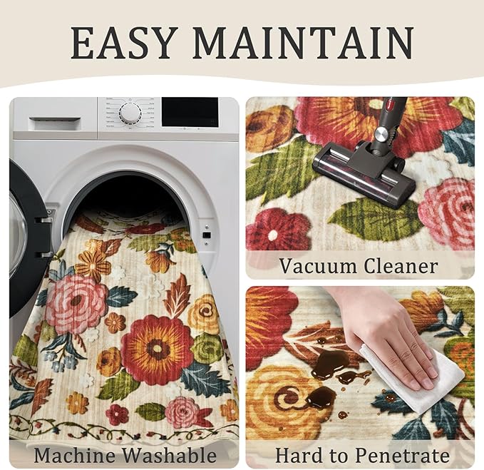 4x6 Machine Washable Area Rug for Living Room, Beige Vintage Boho Floral Rug Large Non-Slip Low Pile Soft Faux Wool Carpet, Kids and Pets Friendly for Bedroom Dining Room Farmhouse Home Decor Rug