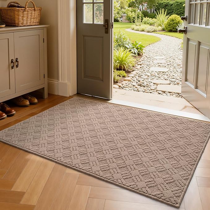 LUMI Indoor Door Mat, Absorbent Non-Slip Thin Doormat, Washable Door Mats, Woven Pattern Inside Floor Mat, Ideal for Entryway, Front Door, Home Decor, 36"x60", Woven Taupe