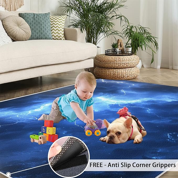 4x5 Dark Clouds Lightning Indoor Outdoor Rug - Storm Bedside Rug, Natural Weather Washable Entry Way Rugs Kids Carpet for Inside House Playroom Living Room End Table Nursery