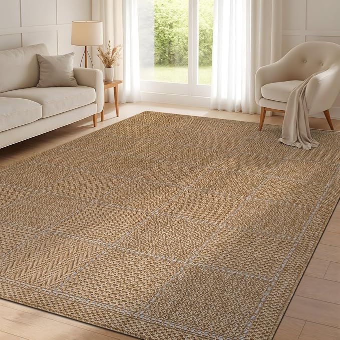 Beverly Rug Easy Jute Checkered Squared Rug 9x12 Washable Large Indoor Outdoor Area Rugs for Living Dining Room Patio Office Stain Resistant Non Shedding Casual Indoor Outside Carpet 9 x 12 Natural