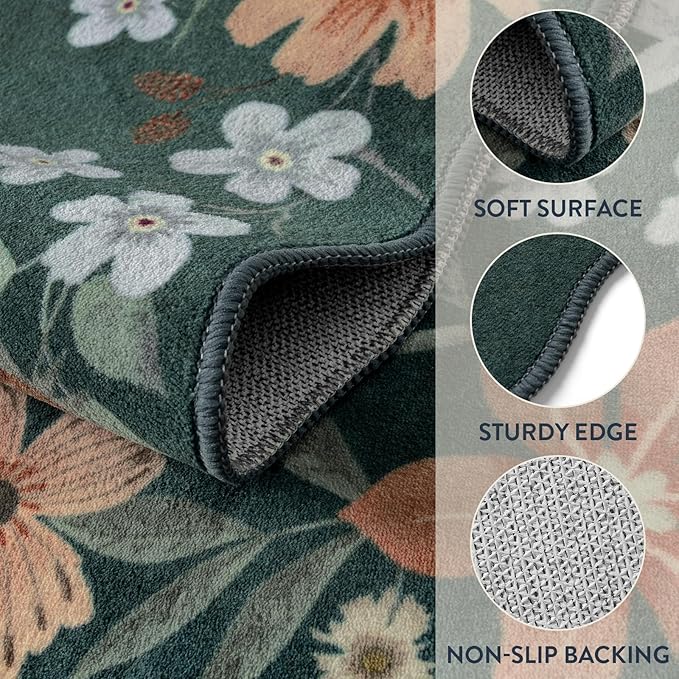 Lahome Floral Machine Washable Rug, 3x5 Rug Non Slip Soft Bedroom Rugs for Entryway Dorm, Ultra-Thin Boho Rugs for Living Room Stain Resistan Throw Carpet for Nursery Entrance, Dark Green