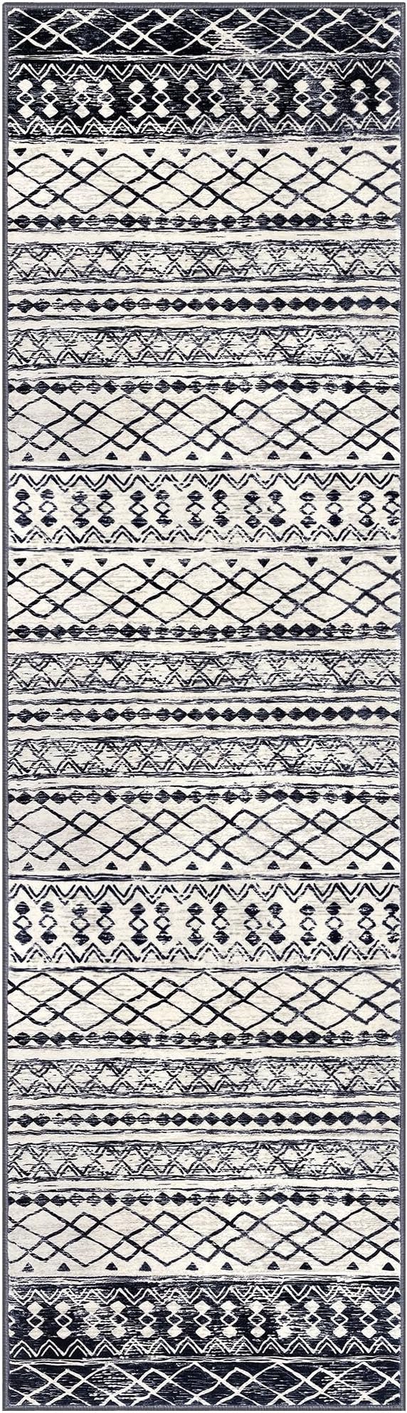 KUTA Moroccan Washable Kitchen Rug, 2x7 Non-Slip Vintage Black Navy Blue Boho Hallway Runner Rugs Ultra Soft Distressed Geometric Floor Carpet Runners for Bedroom Laundry Living Room