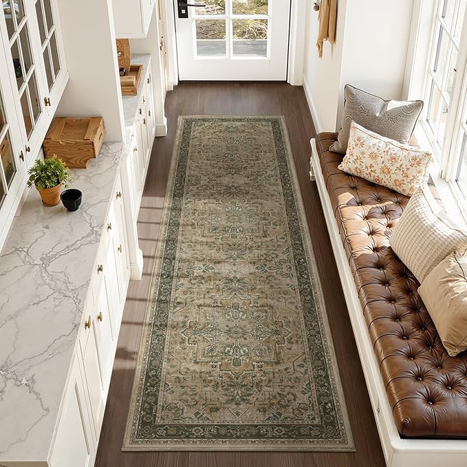 2'6''x8' Kitchen Runner Rug, Retro Distressed Moody Medallion Runners for Hallways Non Slip Washable, Low Pile Thin Entryway Runner Rug Indoor Foyer Mudroom Bedroom, Multi Brown/Olive