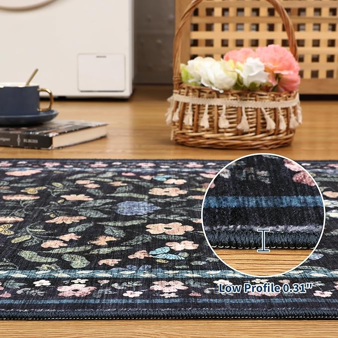GarveeHome Washable Area Rug 9 x 12 for Living Room, Non-Slip Soft Vintage Rug, Low Pile Farmhouse Floral Carpet, Non-Shedding Indoor Foldable Printed Rugs for Bedroom, Dark Grey Blue