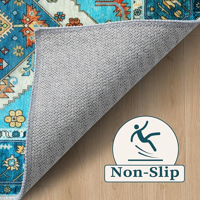 SERISSA 8x10 Area Rugs Blue, Washable Large Boho Rugs for Living Room, Ultra Soft Non-Slip Bedroom Rug Print Distressed Vintage Tribal Farmhouse Carpet Rug for Dining Room Dorm Office Home Decor