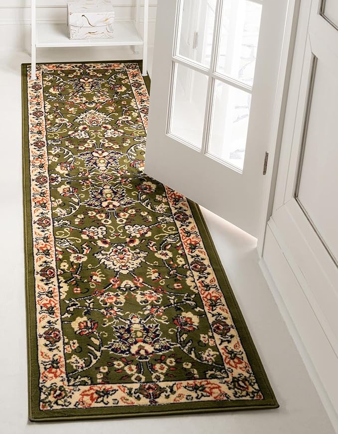 Rugs.com Yasmin Collection Rug – 10 Ft Runner Green Medium Rug Perfect for Hallways, Entryways