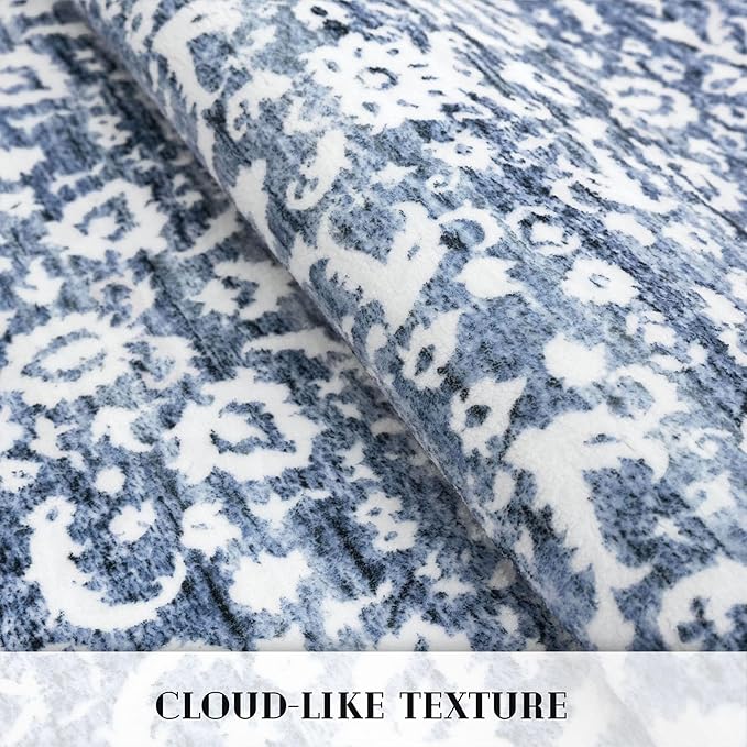 Runner Rug 2.6x10, Light Blue White Washable Long Hallway Rug Runner Non-Slip Soft Kitchen Runner Thin Printed Faux Wool Super Soft Carpet for Entryway Bedroom Laundry Room Indoor Home Decor
