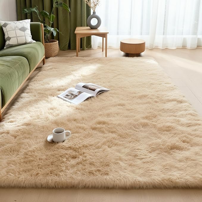 6x9 Solid Fluffy Camel Area Rug – Washable, Durable, Large Living Room Rug, Non-Slip High Pile Shag Rugs for Bedroom, Sofa Coffee Table, Nursery Rooms, Kids Room, Soft Indoor Floor Carpet