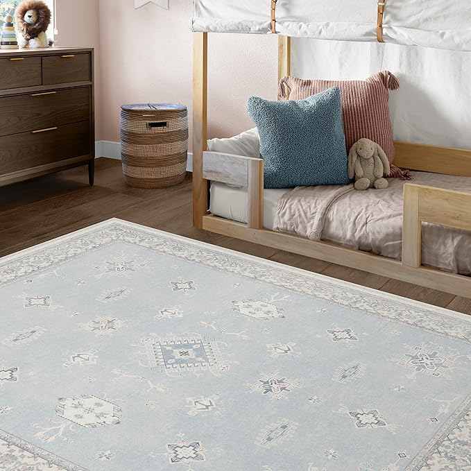 RUGGABLE Washable Vintage Area Rug – Verena Soft Blue 6x9, Stain-Resistant, Non-Slip – Medium Machine Washable Rugs for Living Room, Bedroom, Hallway, Entryway & Office–with Cushioned Pad