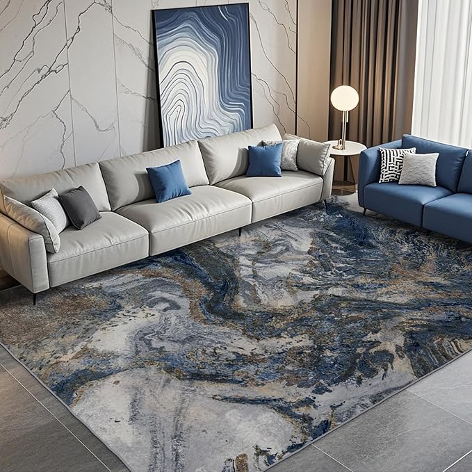 Modern Washable Rug for Living Room: Abstract 10x14 Area Rugs for Bedroom Low Pile Non Slip - Stain Resistant Carpet for Dining Room Indoor - Blue Gold