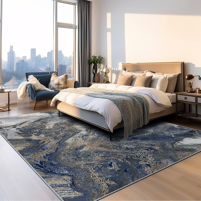 Modern Washable Rug for Living Room: Abstract 9x12 Area Rugs for Bedroom Low Pile Non Slip - Stain Resistant Carpet for Dining Room Indoor - Blue Gold
