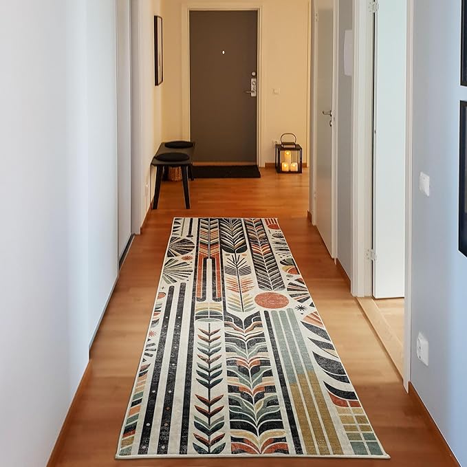 Ambesonne Bohemian Decorative Rug, Retro Mid Century Inspired Abstract Patterns on Ivory Background, Quality Carpet Bedroom Dorm and Living Room, 2' 5" x 7' 5", Dark Orange and Reseda Green