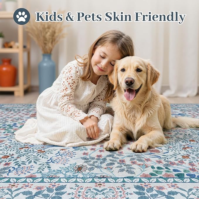 6x9 Area Rugs Living Room Rug - Floral Vintage Morris-Inspired Washable Carpet, Low Pile Non-Shedding Stain Resistance Boho Soft Carpet for Bedroom, Dining Room, Office, Farmhouse (6'x9' Blue/Pink)