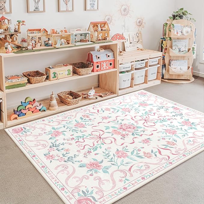 Pink Rug Bow Floral Rug 3x5, Washable Boho Area Rugs Non Slip Low Pile Carpet for Girls Room Bedroom, Bedside, Kitchen, Entryway, Kids Room, Soft Ultra-Thin Indoor Elegant Rugs