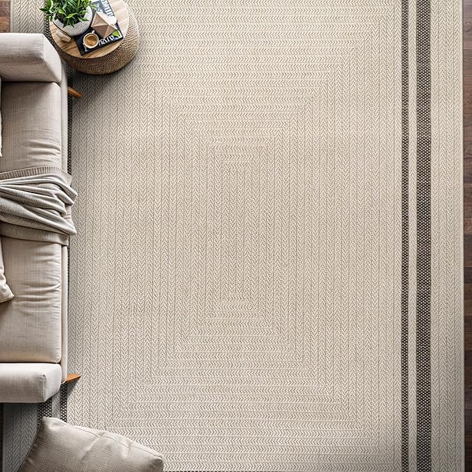 Beverly Rug Easy Jute Bordered Rug 6x9 Washable Durable Indoor Outdoor Area Rugs for Living Dining Room Patio Office Stain Resistant Non Shedding Casual Indoor Outside Carpet 6 x 9 Off-White