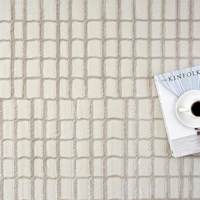 Abani Cream Grid Textured Area Rug - 6' x 9' - Chunky, Plush and Soft Washable Carpet - Perfect for Living Room & Bedroom - Plush Deco Collection