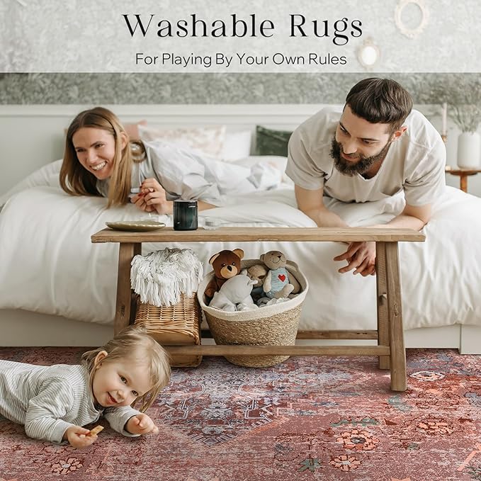 Phantoscope Washable Area Rug 5'x7' Non-Slip, Vintage Neutral Fall Rugs for Living Room, Bedroom, Dining Room, Distressed Boho Medallion Pattern, Low-Pile Foldable Floor Carpet, Rust Orange