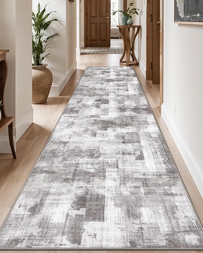 LUMI Washable Runner Rug, 3'x10' Non-Slip Hallway Mat, Low Profile Thin Long Carpeet for Laundry Kitchen Bedroom Office, Grey