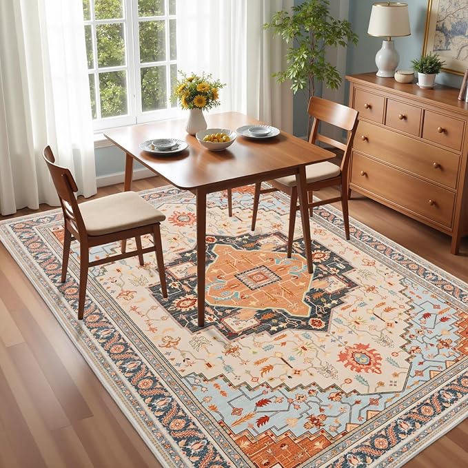 3x5 Orange Beige Area Rug for Living Room, Machine Washable Rugs with Non-Slip Backing for Bedroom, Vintage Medallion Carpet Kitchen Laundry Kids Room Decor