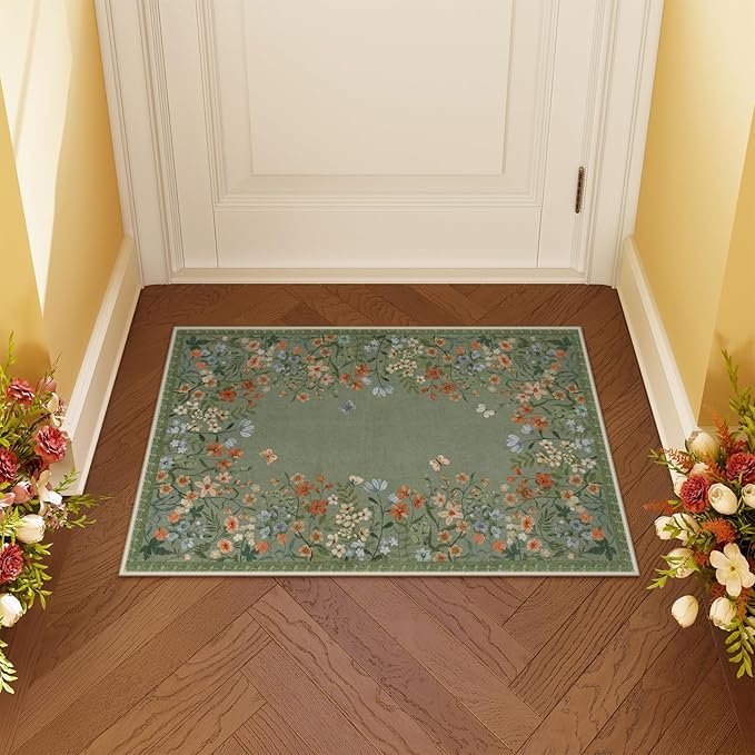 Lahome Boho Floral 2x3 Kitchen Rugs Green Door Mat Indoor Entrance,Machine Washable Small Bathroom Area Rug,Soft Non-Slip Indoor Carpet Throw Rugs for Entryway Laundry Bedside(Green,2x3)