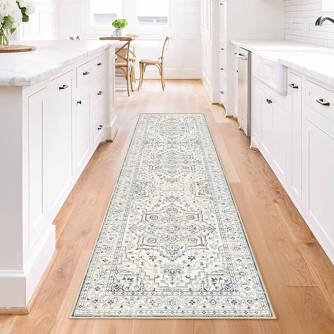 Enkor Runner Rugs for Hallway, 2x8 Washable Soft Non Slip Floor Rugs for Kitchen, Modern Mat for Living Room Bedroom Entryway White & Grey