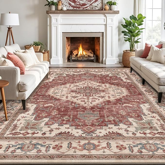 LUMI 8x12 Washable Area Rug for Living Room, Ultra Soft Traditional Vintage Red Rugs Non Slip with Rubber Backing, Low Profile, High Traffic, Stain Resistant Carpets, Ideal for Bedroom, Dining Room
