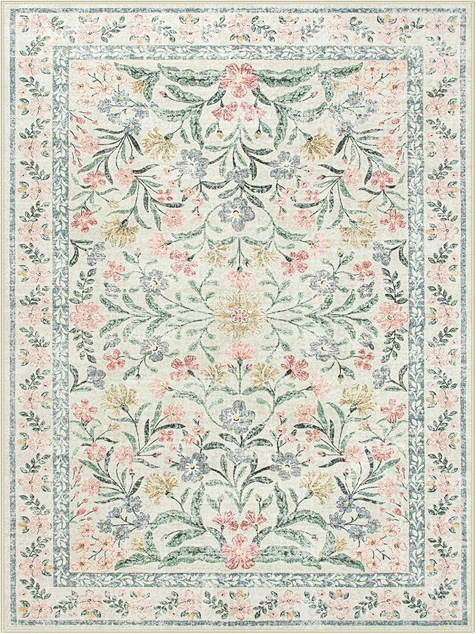 Lahome Boho Washable Girls Bedroom 9x12 Rugs, Beige Cream Floral Large Area Rugs for Bedroom, Soft Non-Slip Thin Carpet for Nursery Kids Playroom Dining Room Home, Beige