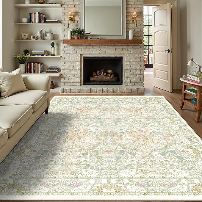 Sage Green Boho Area Rugs for Bedroom Aesthetic 8x10 - Washable Floral Farmhouse Large Rug for Living Room, Dining Room Under Table, Nursery - Soft Cottage Core Carpet with Low Pile & Non Slip