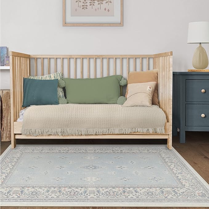 RUGGABLE Washable Vintage Area Rug – Verena Soft Blue 3x5, Stain-Resistant, Non-Slip – Small Machine Washable Rugs for Living Room, Bedroom, Hallway, Entryway & Office–with Standard Pad