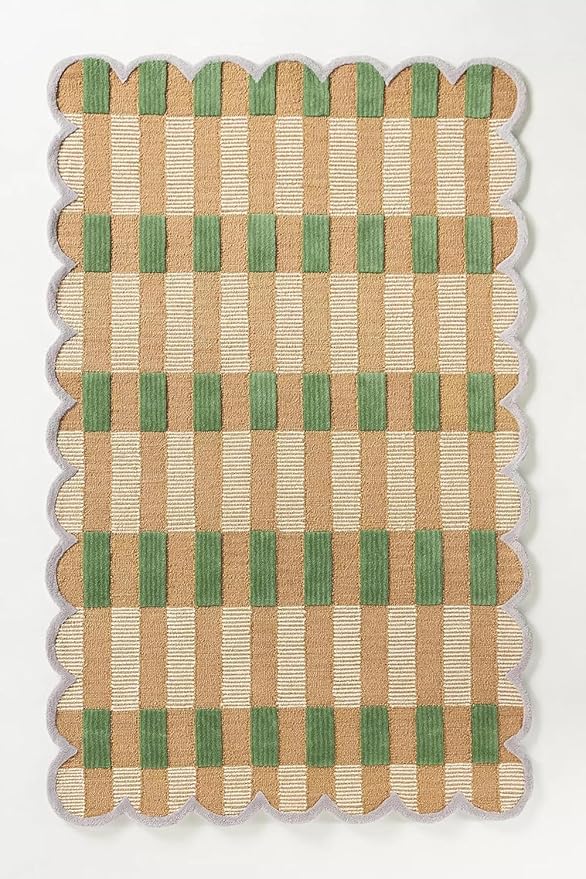 Hand-Tufted Wool Rug with Scalloped Edges, Light Blue Plaid Pattern, Cozy Soft Area Rug for Living Room, Bedroom, and Nursery, Handmade Modern Accent Rug (Green, 7X10 FEET)