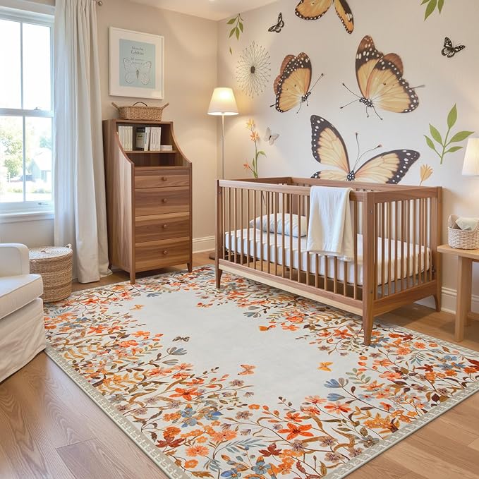 Wonnitar Fall Washable 5x7 Rug for Bedroom, Low Pile Soft Boho Floral Living Room Area Rug, Non Slip Throw Carpet for Girls Room Nursery Playroom Guest Room (Orange,5'x7')