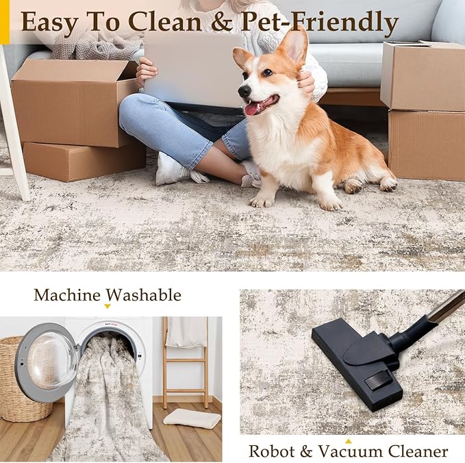 2x10 Washable Runner Rug Brown Grey Abstract Hallway Kitchen Throw Rug Neutral Modern Non Slip Soft Low Pile Carpet for Bathroom Laundry Bedroom Living Room