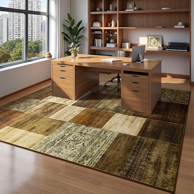 DweIke Washable Area Rugs for Living Room, 6x9 Large Bedroom Rugs, Geometric Print Non Slip Low Pile Indoor Throw Carpets for Bedroom Apartment Dining Room Home Office Hardwood Floor, Brown