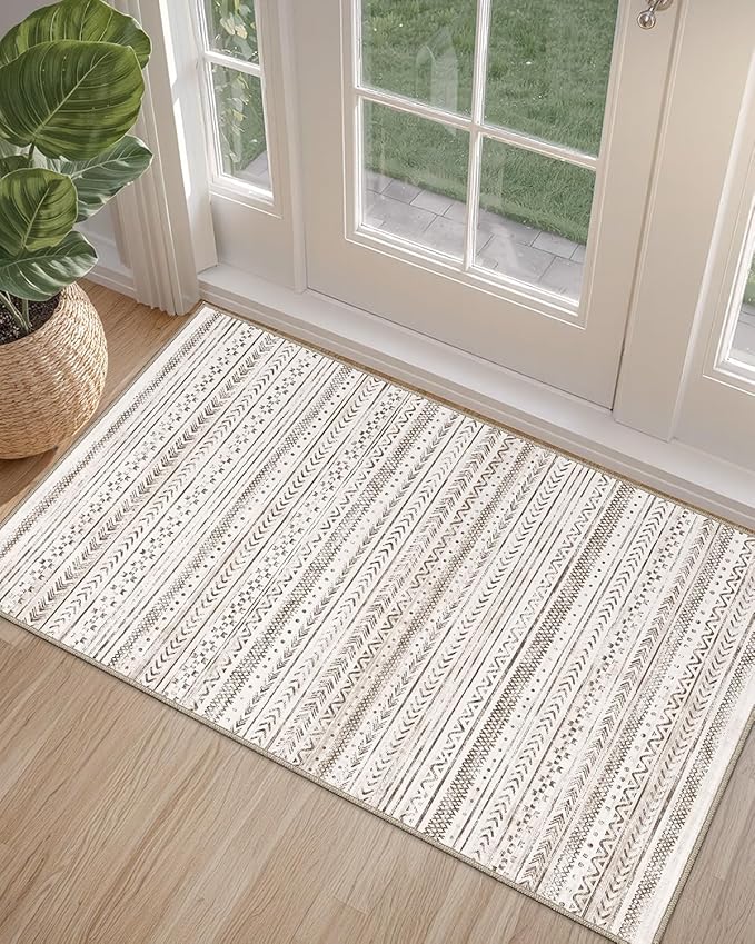 LUMI Ultra Thin Door Mat, 24x36 Non Slip Indoor Doormat Entrance Washable Rugs Entryway Oriental Vintage Soft Carpet for Kitchen Bedroom Front Door, White and Brown