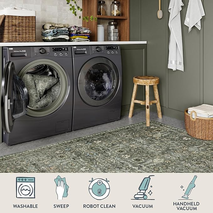 Lahome Sage Green Area Rug 6x9, Machine Washable Rugs for Living Room, Boho Vintage Soft Bedroom Carpet for Dining Room Nursery Apartment Office, Dark Green