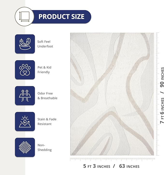 Abani Nomad Cream & Beige Area Rug 5' x 8' for Living Room, Bedroom - Chic Abstract Pattern - Durable & Easy to Clean