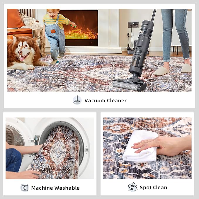 Rugs 5x7 Washable Rug, Non Slip Large Rug for Living Room Bedroom Dining Room, Low-Pile Kid & Pet Friendly Distressed 5x7 Carpet Print Floor (Border Brown/Navy Blue)