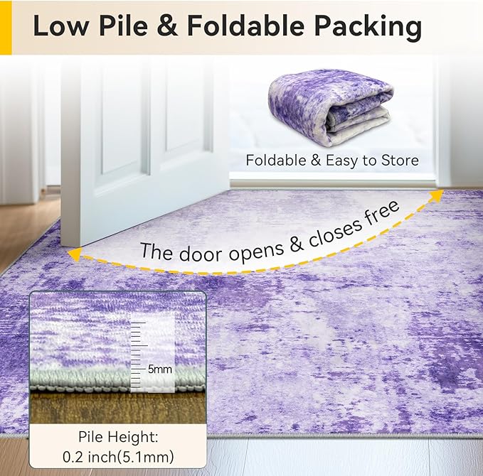Washable Area Rugs 4ft Non-Slip Modern Abstract Soft for Living Room Entryway Bedroom Nursery, Print Pattern, Purple Gray Pink White