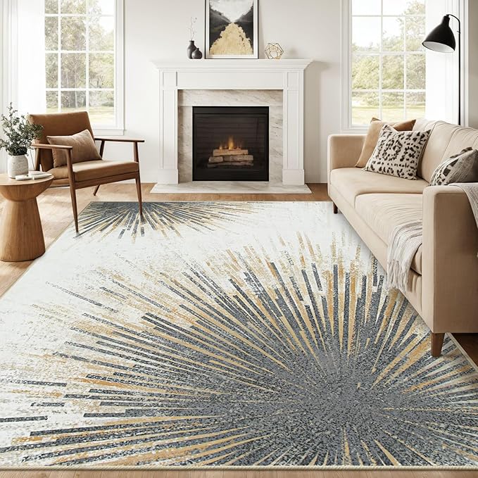 Lahome Modern 9 x 12 Area Rugs for Living Room, Ultra-Thin Washable Large Rug Non Slip Throw Carpet for Dining Room, Abstract Print Indoor Soft Carpet for Bedroom Office (Gold/Gray, 9'x12')