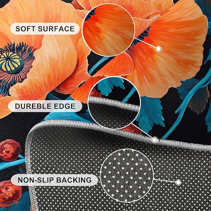 6x9 Poppy Living Room Rug - Retro Flowers Art Bedroom Carpet, Rustic Florals Art Classroom Rug for Carpet Boy Bedroom Office Nursery Hardwood Home Decor