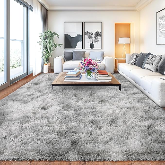 Large Soft Fluffy Rugs for Bedroom, Anti-Skid Indoor Carpet Nursery Rugs for Kids Room Home Decor, Fuzzy Rug Tie-Dyed Light Grey 9x12 Feet