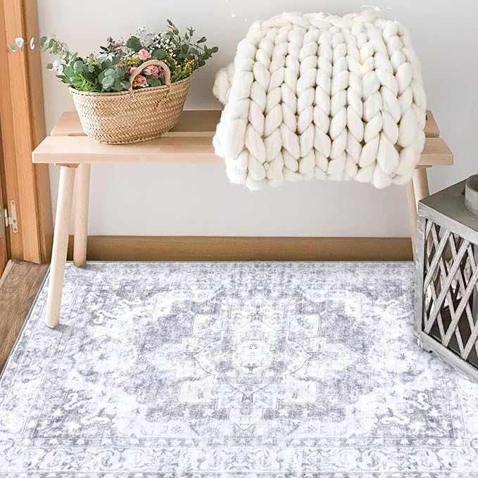 COMSLE Washable Door Mat, Front Door Mat Indoor Faux Wool Absorbent Small Rugs for Entryway Distressed Throw Rug Non-Slip Accent Floor Carpet for Entrance Bedroom, 24X36 Inches Gray