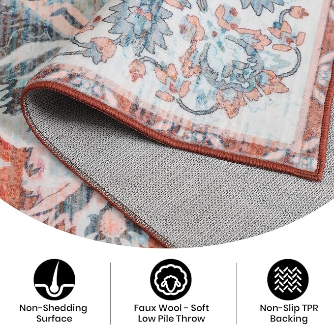 Area Rug for Living Room, 9x12 Machine Washable Non Slip Large Faux Wool Throw Rug, 0.3″ Low Pile & Non-Shedding Boho Large Carpet Rugs for for Dining Room, Bedroom, Office (Pastel Orange)