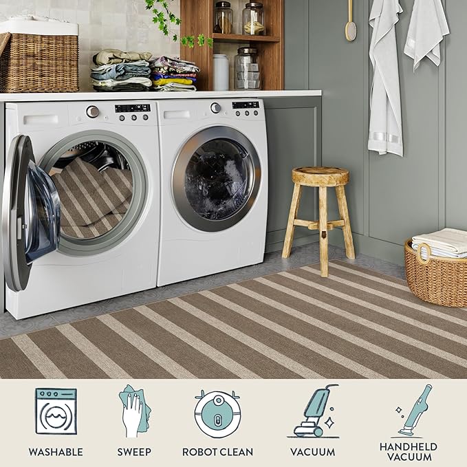 Lahome Striped Easy Jute Kitchen Runner, 2x8 Washable Indoor Outdoor Entryway Runner Rug, Farmhouse Neutral Non Slip Non Shedding Carpet for Hallway Porch Foyer, Khaki