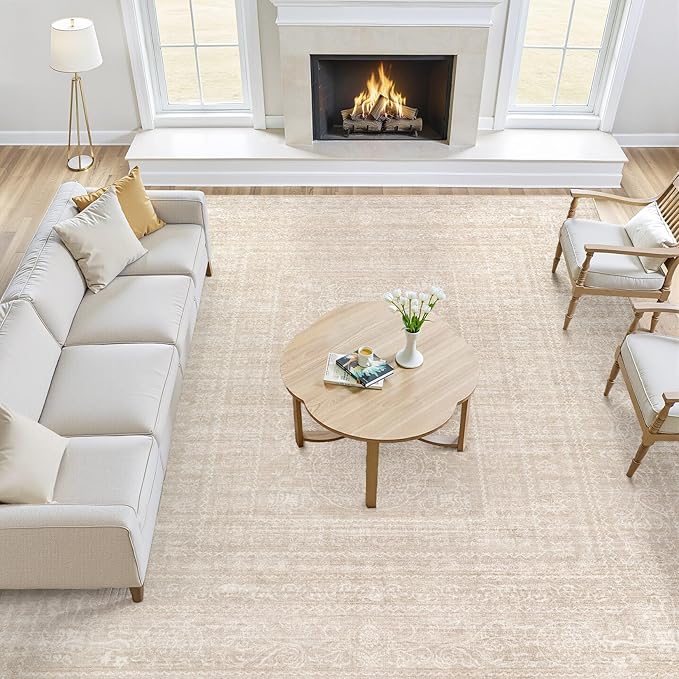10x12 Area Rug Living Room: Washable Large Vintage Beige Rugs Neutral Non-Slip Soft Stain Resistant Indoor Carpet for Bedroom Nursery Dining Room Under Table Bed Home House Office Playroom