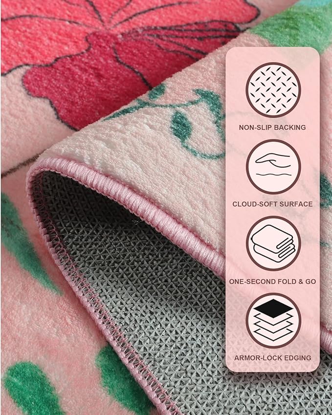 Boho Floral Entryway Rug 2x3, Washable Small Mat for Bathroom and Kitchen, Non Slip Front Door Mat Indoor Entrance, Vintage Style Flower Mat with Rubber Backing, Soft Area Rug for Entry Way (Pink)