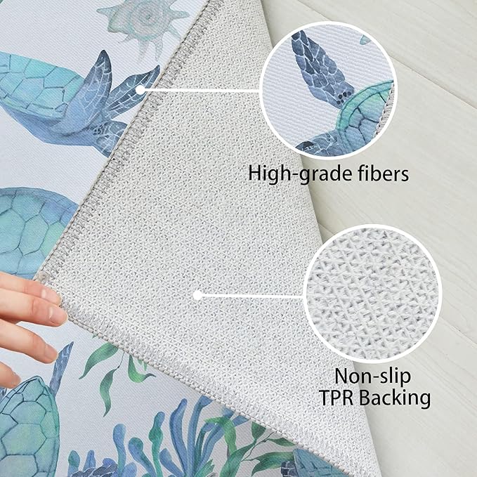 Tritard Coastal Sea Turtles Area Rugs Beach Themed Nautical Starfish Coral Accent Rugs Non-Slip Sea Marine Life Rugs Floor Carpet for Living Room Bedroom, Teal, 5x7 Feet