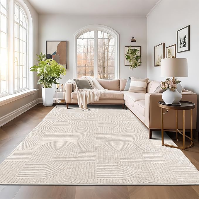 Pauwer 9x12 Washable Area Rugs for Living Room Modern Beige Solid Color Soft Fluffy Rugs for Bedroom Non Slip Boho Accent Indoor Mat Floor Carpet Cover for Kids Room Dining Room Kitchen Office